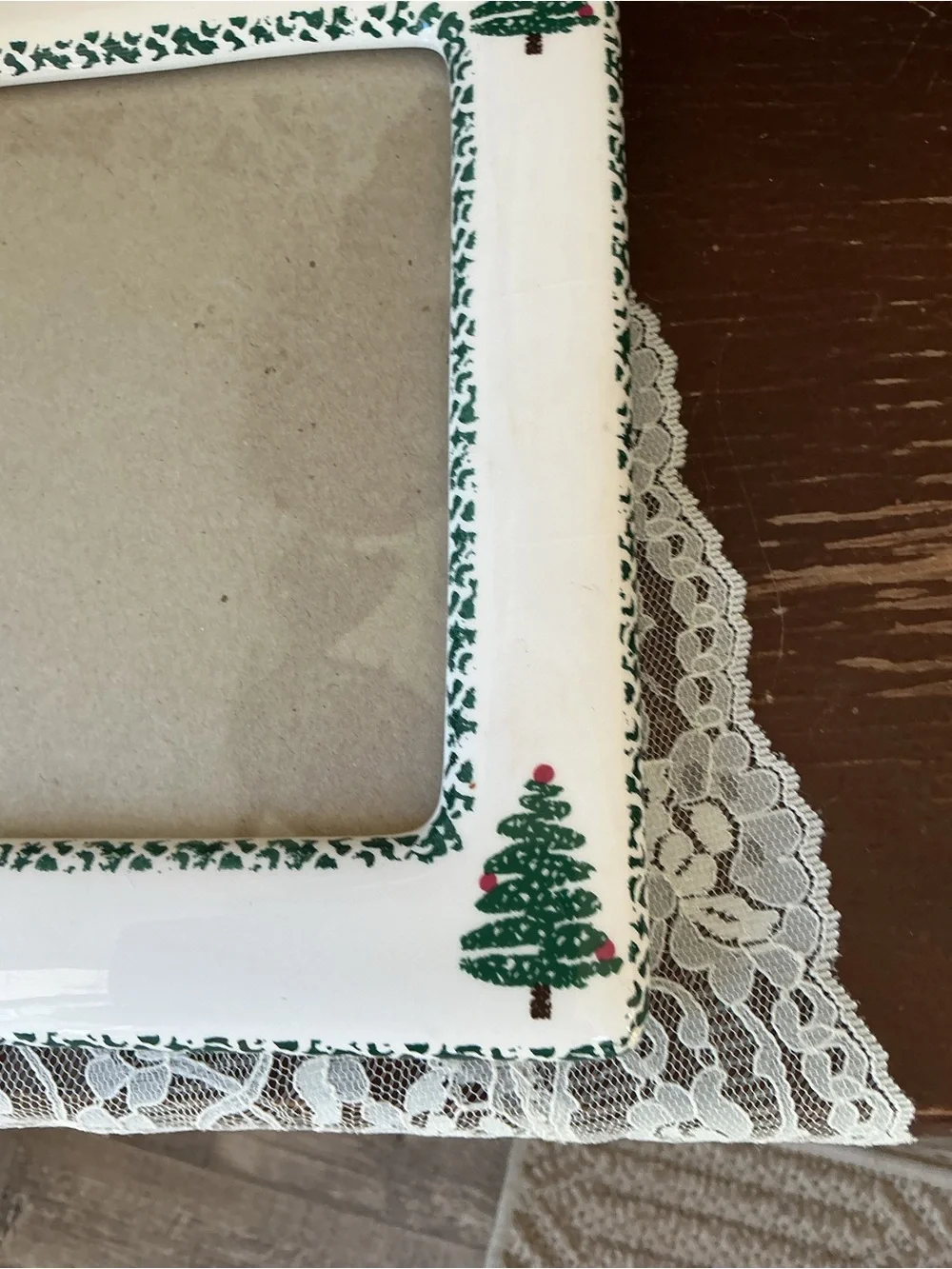 White Picture Frame with Green Christmas Tree Accents -